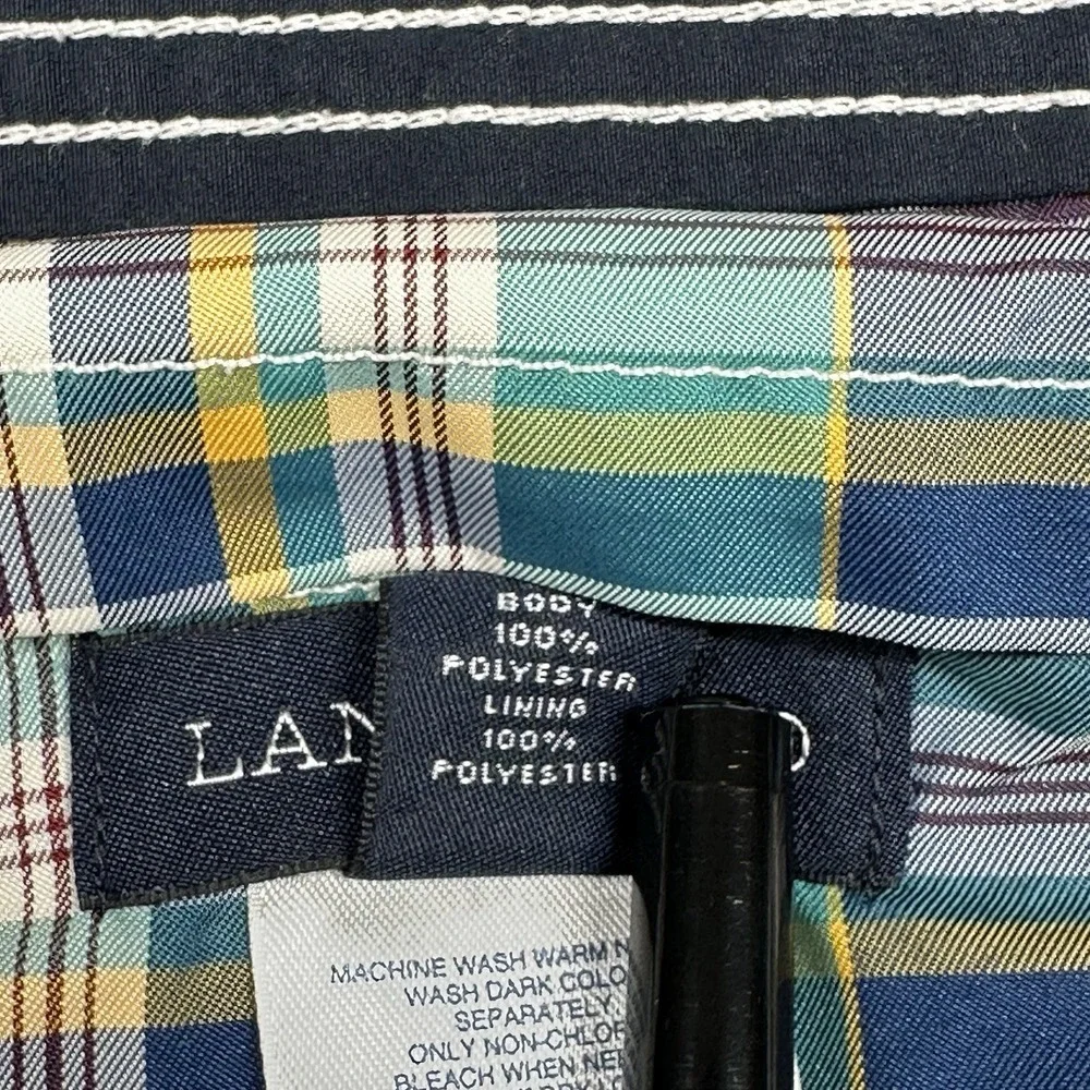 Lands End Swim Trunks Mens L Green Plaid Cargo Pockets Lined 8.5 in Inseam Board